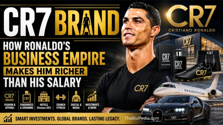 Featured image of Cristiano Ronaldo showcasing the CR7 brand, with bold text reading “How Ronaldo’s Business Empire Makes Him Richer Than His Salary,” alongside CR7 fashion products, fragrances, luxury car, private jet, and business icons representing his global ventures.