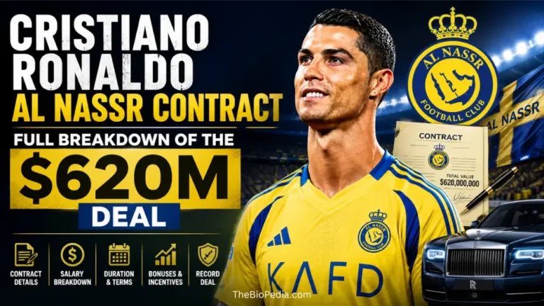 Featured image of Cristiano Ronaldo in an Al Nassr jersey with bold text reading “Cristiano Ronaldo Al Nassr Contract,” highlighting the full breakdown of his $620M deal with contract papers, luxury car, and stadium lights in the background.