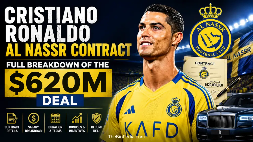 Featured image of Cristiano Ronaldo in an Al Nassr jersey with bold text reading “Cristiano Ronaldo Al Nassr Contract,” highlighting the full breakdown of his $620M deal with contract papers, luxury car, and stadium lights in the background.