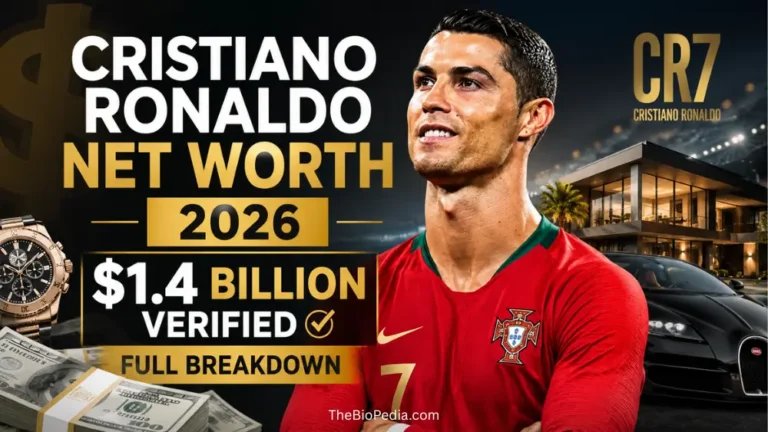 Featured image of Cristiano Ronaldo in a Portugal jersey with bold text showing “Cristiano Ronaldo Net Worth 2026 – $1.4 Billion Verified Full Breakdown,” alongside luxury cars, cash, and a modern mansion in the background.