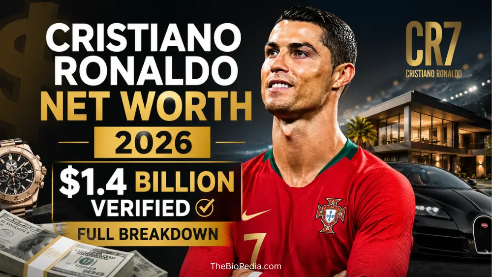 Featured image of Cristiano Ronaldo in a Portugal jersey with bold text showing “Cristiano Ronaldo Net Worth 2026 – $1.4 Billion Verified Full Breakdown,” alongside luxury cars, cash, and a modern mansion in the background.