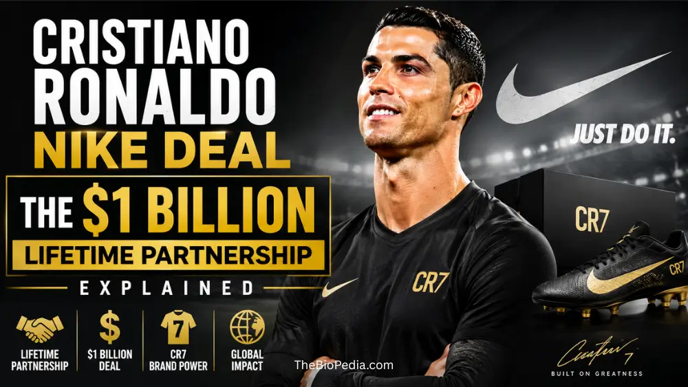 Featured image of Cristiano Ronaldo promoting his Nike lifetime partnership, with bold text reading “Cristiano Ronaldo Nike Deal – The $1 Billion Lifetime Partnership Explained,” alongside CR7 Nike boots, branding, and stadium lights in the background.