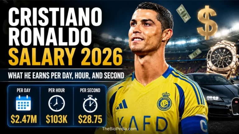 Featured image of Cristiano Ronaldo in an Al Nassr jersey with bold text reading “Cristiano Ronaldo Salary 2026,” showing his earnings per day, hour, and second alongside luxury cars, money symbols, and a gold watch in a stadium background.