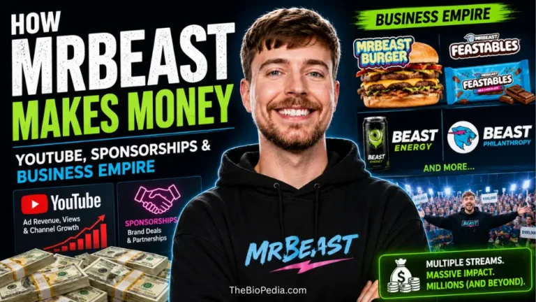 Featured image of MrBeast with graphics showing YouTube revenue, sponsorship deals, cash stacks, Feastables, MrBeast Burger, and other business ventures for an article explaining how MrBeast makes money through YouTube, sponsorships, and his business empire.