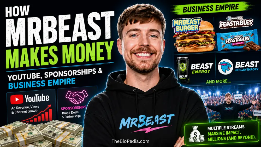 Featured image of MrBeast with graphics showing YouTube revenue, sponsorship deals, cash stacks, Feastables, MrBeast Burger, and other business ventures for an article explaining how MrBeast makes money through YouTube, sponsorships, and his business empire.