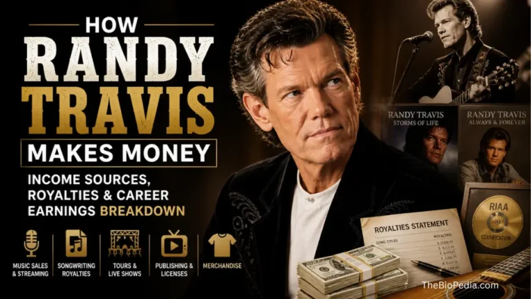 Randy Travis income sources featured image showing the country singer with albums, royalties statement, cash, and icons for music sales, songwriting, touring, and merchandise earnings.