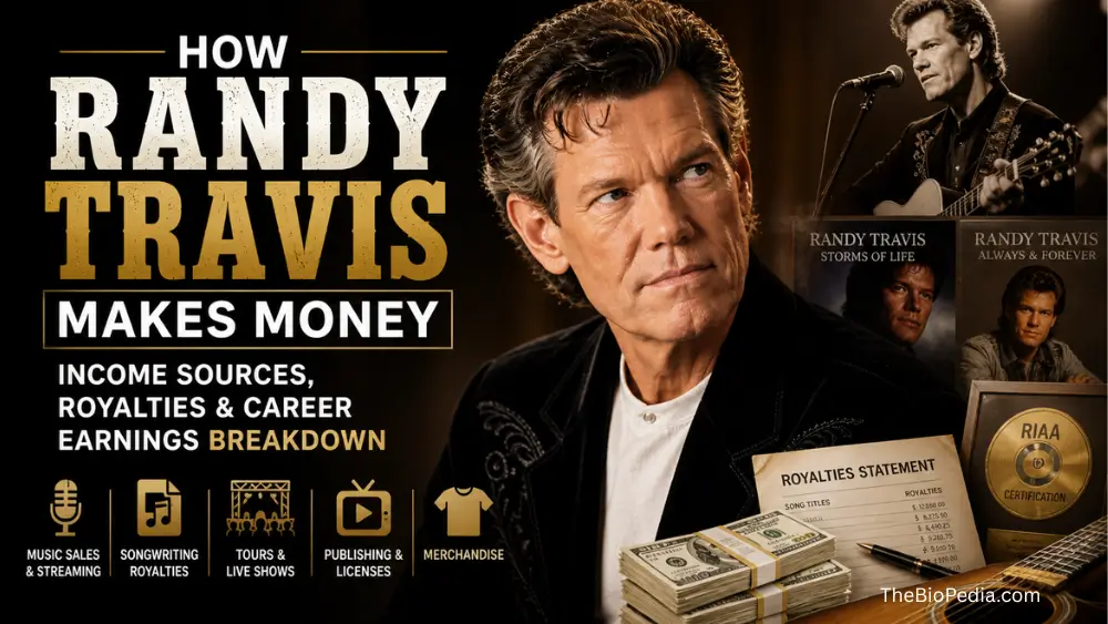 Randy Travis income sources featured image showing the country singer with albums, royalties statement, cash, and icons for music sales, songwriting, touring, and merchandise earnings.