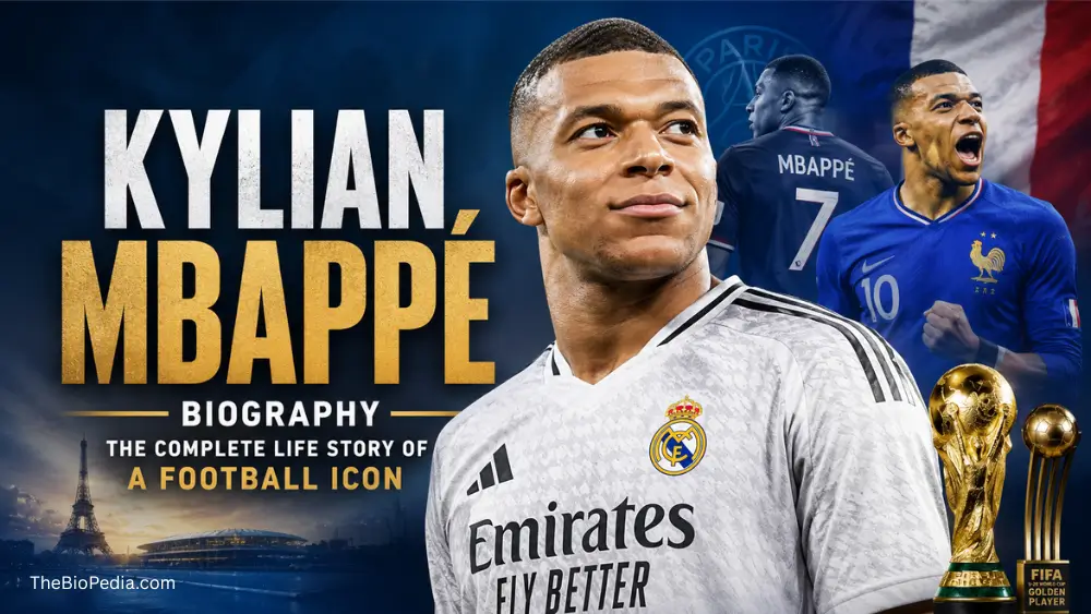 Kylian Mbappé biography cover featuring Real Madrid, France, World Cup and football achievements