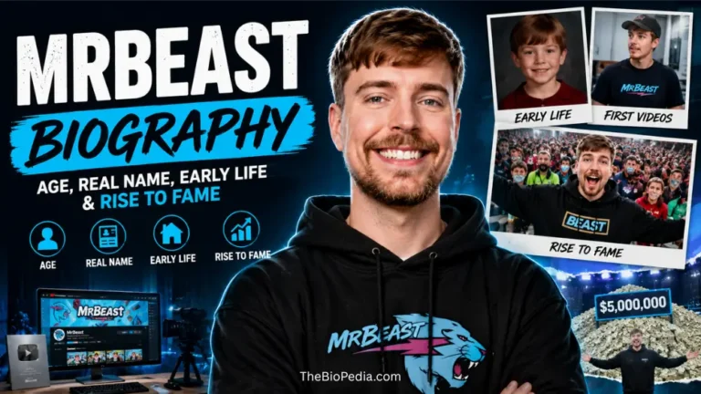 Biography-themed featured image of MrBeast showing his smiling portrait alongside visuals representing his age, real name, early life, first YouTube videos, and rise to fame, designed for an article about MrBeast’s biography and success story.