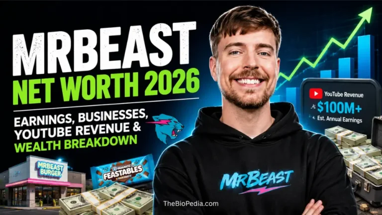 Featured image of MrBeast smiling in a black hoodie with graphics showing rising wealth, cash stacks, YouTube revenue, Feastables, and MrBeast Burger branding for an article about MrBeast net worth 2026, earnings, businesses, and wealth breakdown.