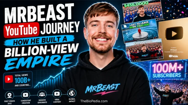 Featured image of MrBeast highlighting his YouTube journey with visuals of viral videos, subscriber growth, massive giveaways, billions of views, and the Gold Play Button for an article about how MrBeast built a billion-view YouTube empire.