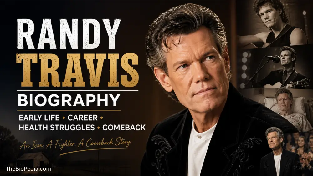 Randy Travis biography featured image showing the country singer with scenes of early life, music career, health struggles, and comeback story.