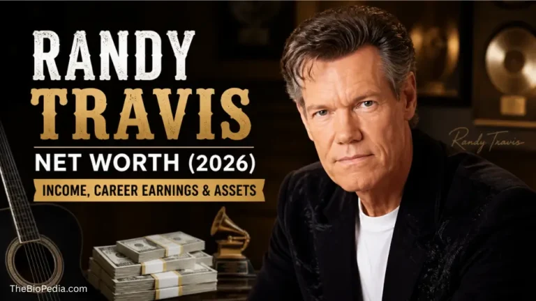 Randy Travis net worth 2026 featured image showing country singer portrait with text “Income, Career Earnings & Assets,” cash, guitar, and awards in background.