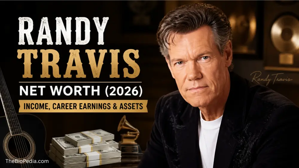 Randy Travis net worth 2026 featured image showing country singer portrait with text “Income, Career Earnings & Assets,” cash, guitar, and awards in background.