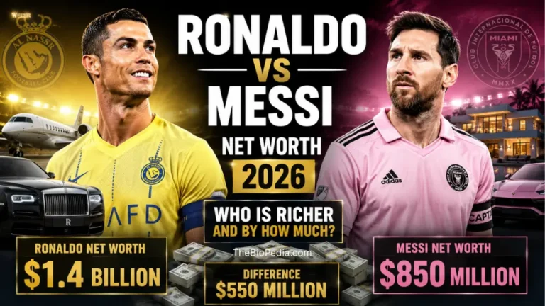 Split-screen featured image comparing Cristiano Ronaldo and Lionel Messi with bold text reading “Ronaldo vs Messi Net Worth 2026,” showing Ronaldo’s $1.4 billion net worth, Messi’s $850 million net worth, luxury cars, cash, and stadium backgrounds.