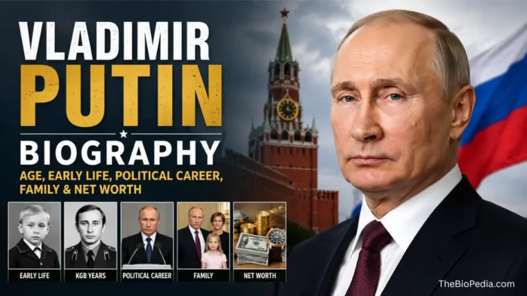 Dramatic featured image of Vladimir Putin with Russian flag and Kremlin background, highlighting his biography, early life, political career, family, and net worth in a bold 16:9 design.