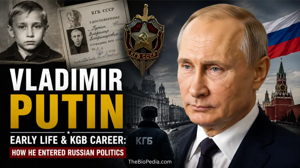 Cinematic featured image of Vladimir Putin showing his childhood photo, KGB identification, and Kremlin backdrop, highlighting his early life, KGB career, and rise into Russian politics.
