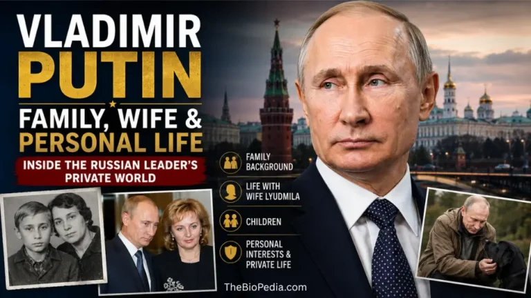 Featured image of Vladimir Putin with the Kremlin in the background, alongside photos representing his family, former wife, children, and private life, illustrating his personal world.