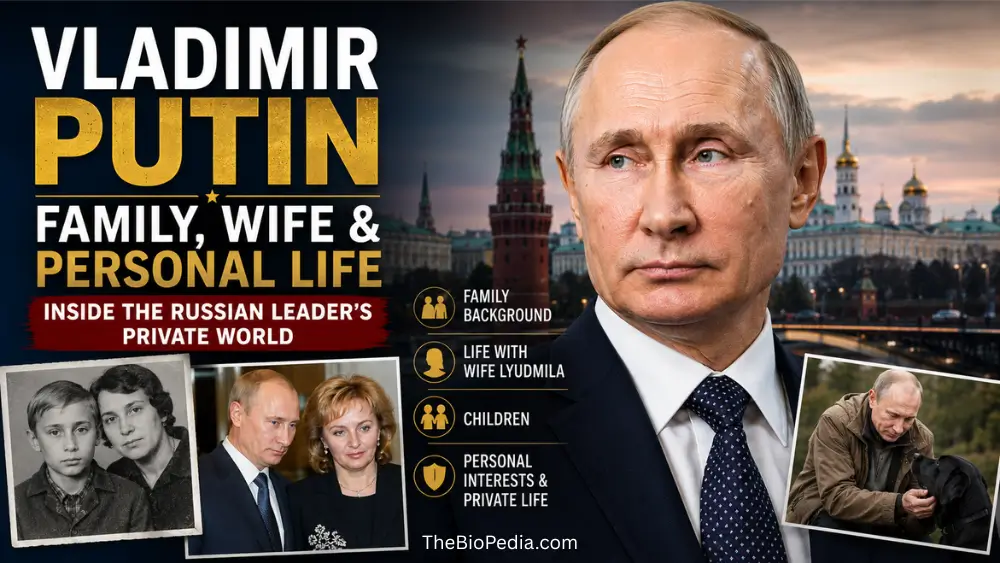 Featured image of Vladimir Putin with the Kremlin in the background, alongside photos representing his family, former wife, children, and private life, illustrating his personal world.