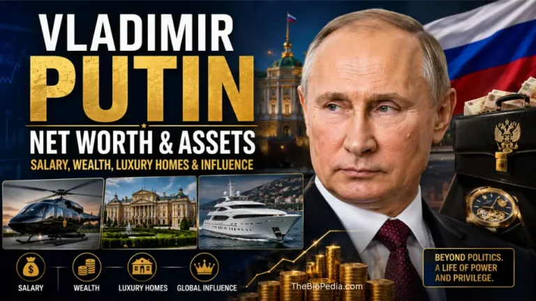 Featured image of Vladimir Putin with symbols representing wealth and influence, including luxury homes, a yacht, helicopter, cash, and the Russian flag, illustrating his net worth, salary, assets, and global influence in a bold 16:9 design.