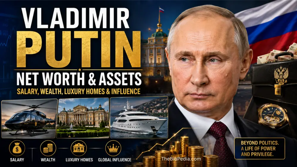Featured image of Vladimir Putin with symbols representing wealth and influence, including luxury homes, a yacht, helicopter, cash, and the Russian flag, illustrating his net worth, salary, assets, and global influence in a bold 16:9 design.