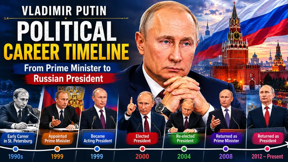 Timeline-style featured image of Vladimir Putin showing his political journey from Prime Minister to President, with Kremlin towers, Russian flag, and key career milestones displayed across a bold 16:9 infographic design.
